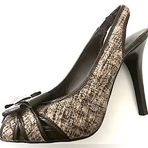 NINE WEST ILLIANA Tweed Slingback Stiletto-Taupe/Smokey Brown-Size 10 M
